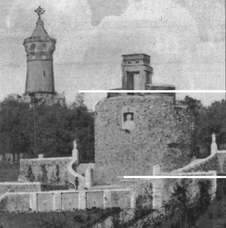 Die Bismarckwarte um 1910  mit Ansicht des Südabhanges des Marienberges, Kriegerdenkmal und Bismarckdenkmal.
